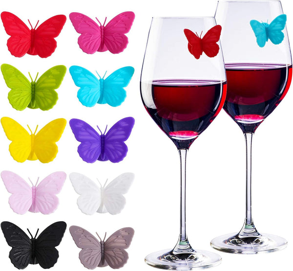 Outus 20 Pieces Silicone Drink Markers Wine Glass Markers Wine Charms Multi colored Butterfly Tags Wine Glass Identifier for Bar Party Family Drink Charms Multi,Dinner Partie