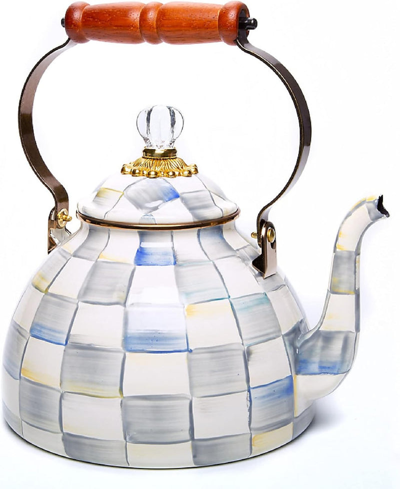 MacKenzie-Childs Sterling Check Enamel Tea Kettle, Decorative Tea Kettle, 2-Quart Capacity
