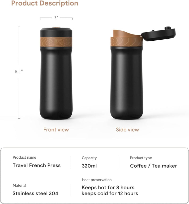 Encoola Portable French Press Travel Coffee Maker 14oz/400g Mini French Press Mug Insulated Filter Coffee Cup Double-Layer Insulated Four-Layer Filter Mesh