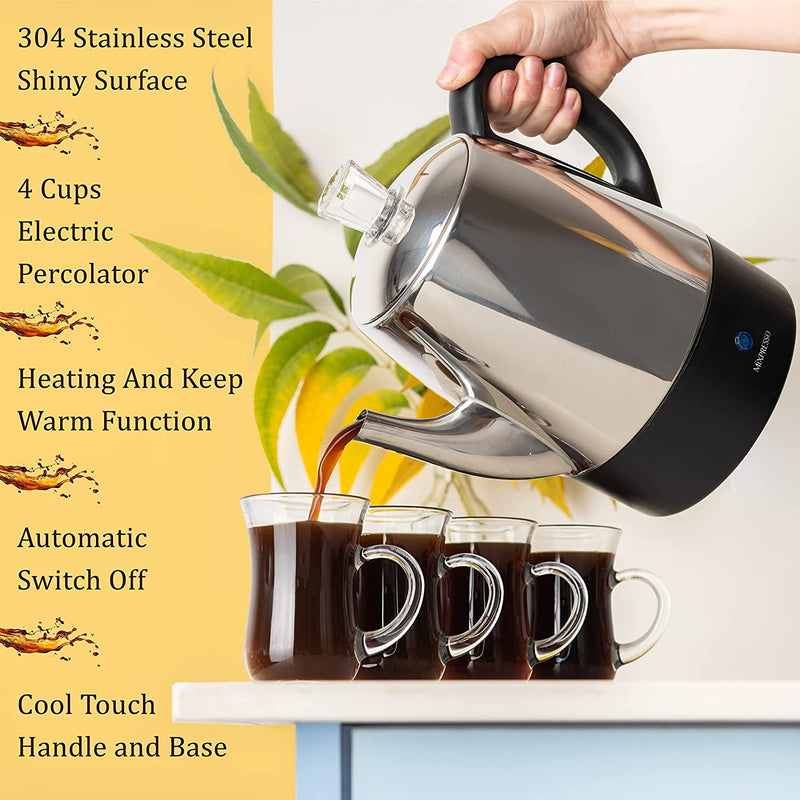 Mixpresso Electric Percolator Coffee Pot, Stainless Steel Coffee Maker, Percolator Electric Pot - 4 Cups Stainless Steel Percolator With Coffee Basket