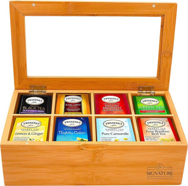 Natural Bamboo Tea Box Storage Organizer- 8 Compartments Tea Bag Holder with Clear Acrylic Window- Natural Wooden Finish Tea Storage Organizer