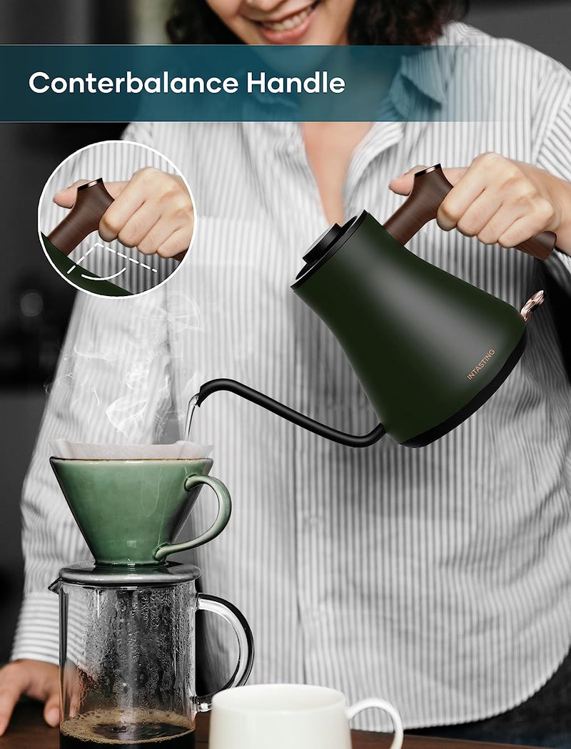 INTASTING Gooseneck Electric Kettle Hot Water Boiler Pour Over Coffee and Tea Kettle Stainless Steel Tea Kettle 0.9L Auto Shut-Off Boil Dry Protection Electric Kettles. Green