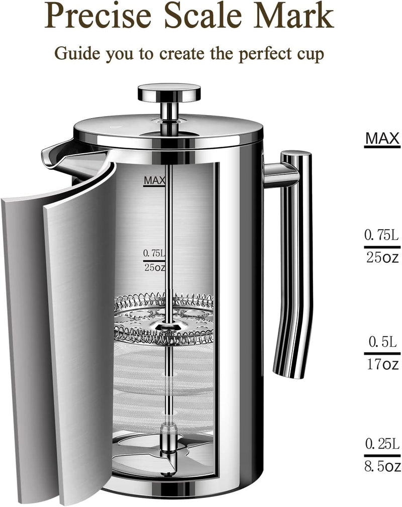 BAYKA French Press Coffee Tea Maker 34oz, 1 Liter Stainless Steel Insulated Coffee Press with 4 Filter Screens, Rust-Free, Dishwasher Safe, Silver