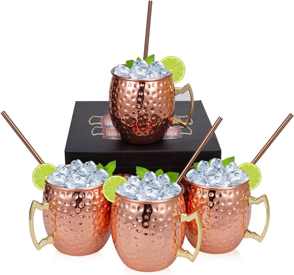 Set of 4 Copper Hammered Moscow Mule Mugs Drinking Cup with 4 Copper Straws, Great Dining Entertaining Bar Gift Set