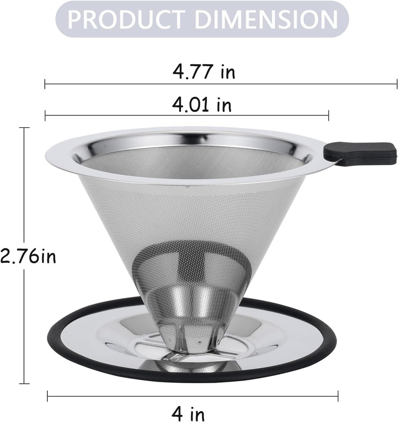 Pour Over Coffee Dripper INSINTAR Reusable Stainless Steel Pour Over Coffee Filter Paperless Metal Coffee Strainer Single Cup Pour Over Coffee Maker for 1-2 Cup (Sliver)