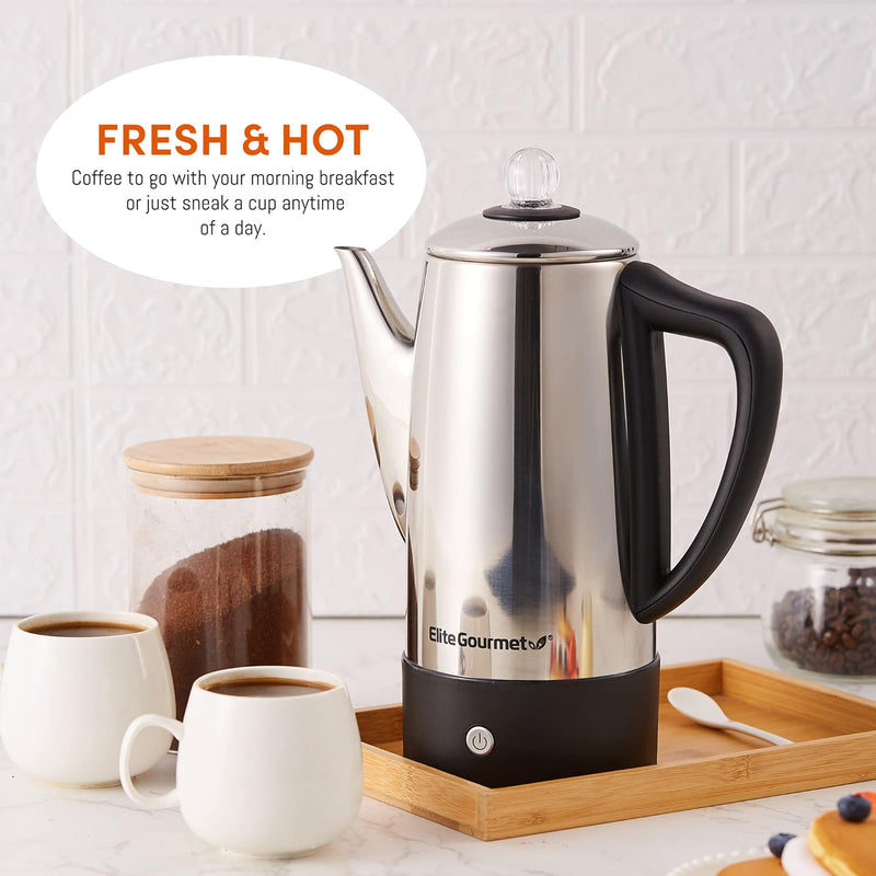 Elite Gourmet EC-120# Electric Coffee Percolator with Keep Warm, Clear Brew Progress Knob Cool-Touch Handle Cord-less Serve, 12-Cup, Stainless Steel