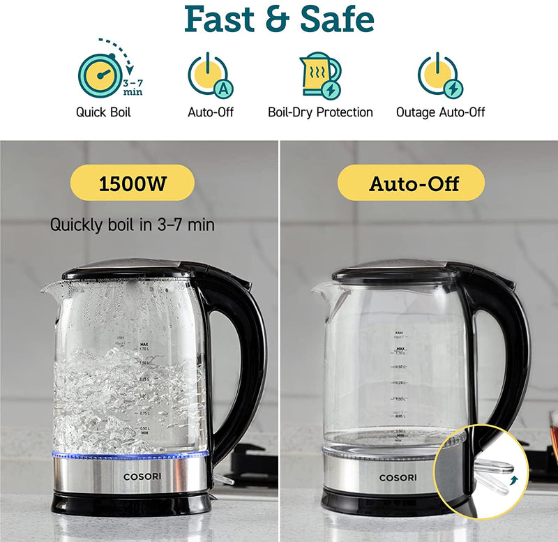 COSORI Speed-Boil Electric Tea Kettle, 1.7L Hot Water Kettle (BPA Free) 1500W Auto Shut-Off & Boil-Dry Protection, LED Indicator Inner Lid & Bottom, Transparent