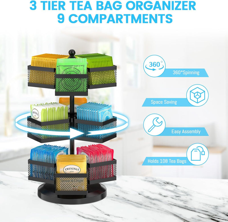 iDavosic.ly 3 Tier Tea Bag Organizer, Tea Bag Storage Holder Spinning Carousel with 9 Compartments, Metal Rotating Tea Bag Caddy for Kitchen Counter Cabinet, Up to 108 Tea Bags Storage