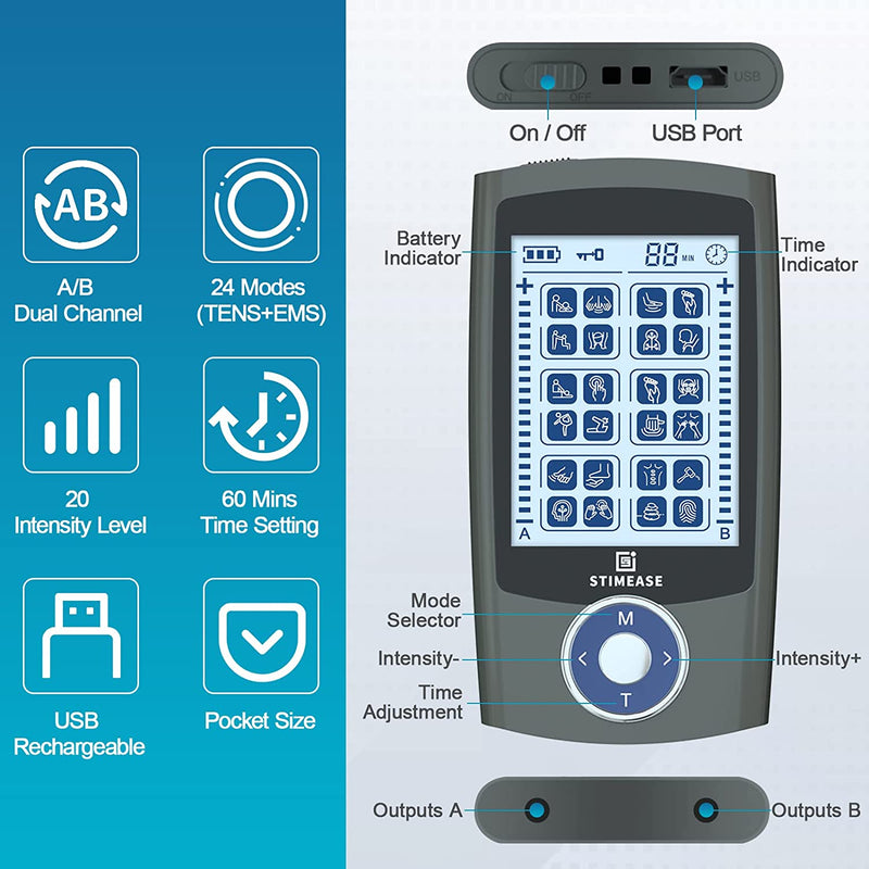 TENS EMS Unit Muscle Stimulator - 24 Modes, Dual Channel, Rechargeable Pulse Massager for Back, Neck, Muscle Pain Relief. with 12 Electrode Pads, ABS Pads Holder, USB Cable