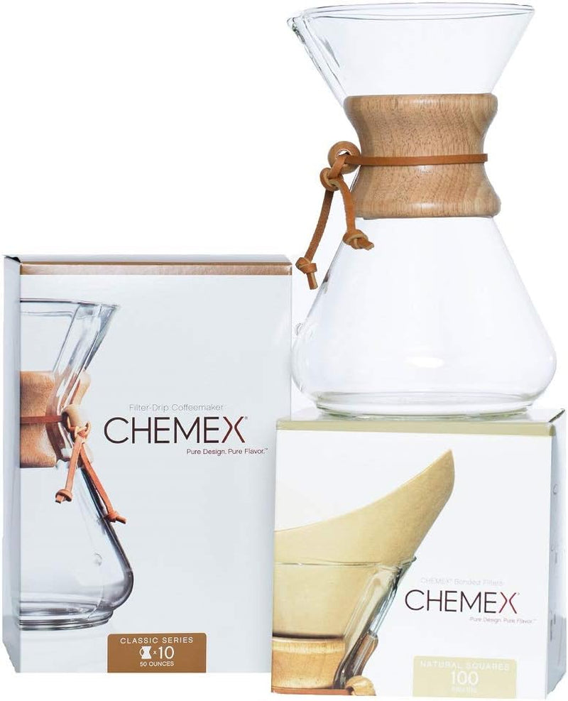 Chemex Bundle - 10-Cup Classic Series - 100 ct Square Filters - Exclusive Packaging