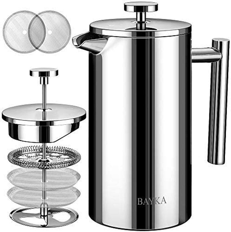 BAYKA French Press Coffee Tea Maker 34oz, 1 Liter Stainless Steel Insulated Coffee Press with 4 Filter Screens, Rust-Free, Dishwasher Safe, Silver