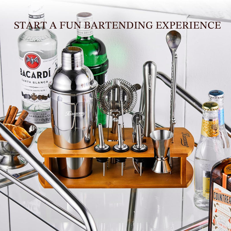 KITESSENSU Cocktail Shaker Set Bartender Kit with Stand | Bar Set Drink Mixer Set with All Essential Accessory Tools: Martini Shaker, Jigger, Strainer, Mixer Spoon, Muddler, Liquor Pourers |Silver