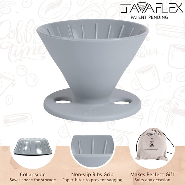 Qullai The Original JavaFlex Premium Foldable Silicone Pour Over Coffee Maker and Storage Pouch. Uses #2 V60 Cone Coffee Filters