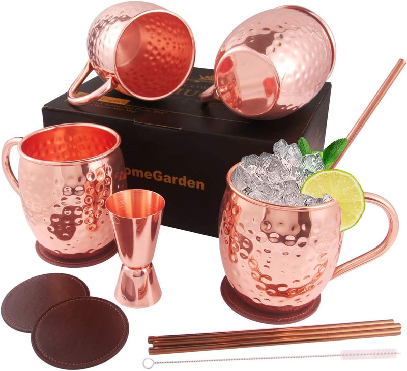 DUNCHATY Moscow Mule Mugs Set of 4, Gift Set Black Mule Mugs Pure Solid Hammered Stainless Steel Mule Mug for Drinking, 16OZ Food Safe 100% Handcrafted Moscow Mule Kit