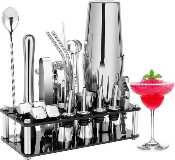 Cocktail Shaker Set, 23-Piece Boston Stainless Steel Bartender Kit with Acrylic Stand & Cocktail Recipes Booklet, Professional Bar Tools for Drink Mixing, Home, Bar, Party (Include 4 Whiskey Stones)