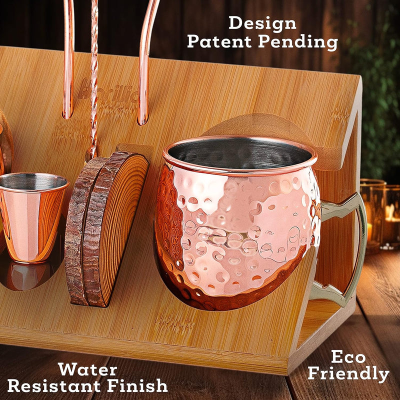 barillio Moscow Mule Mug Set of 2 With Bamboo Stand | Large Size 18 oz copper Cups | Stainless Steel Lining & Pure Copper Plating