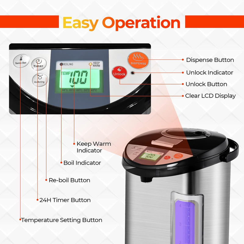 SIMOE Water Boiler and Warmer, Hot Water Dispenser Electric, 5.0 Liter Hot Water Pot Urn - Stainless Silver, Safety Lock, LCD Display, 5 Stage Temperature Settings, Instant Heating for Coffee & Tea