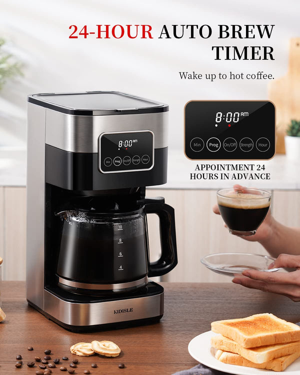 KIDISLE 10 Cup Programmable Coffee Maker 2.0, Drip Coffee Machine with Touch Screen, Glass Carafe, Reusable Filter, Warming Plate, Regular & Strong Brew for Home and Office, Stainless Steel