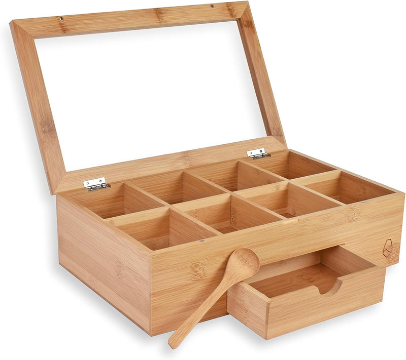 JAIG Products Tea Box - Bag Storage Holder Organizer - Bamboo Wood Chest Container - Has 8 Compartments -Comes with Drawer - Complete with Bamboo Spoon