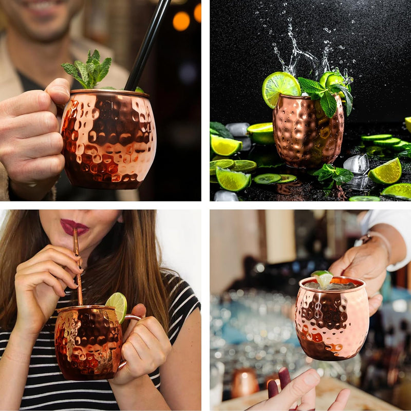 Moscow Mule Cups Set of 4 | 100% Pure Copper Food Safe 16oz Copper Cups with 4X Copper Straws and 1x Copper Jigger - Premium Moscow Mule Mugs