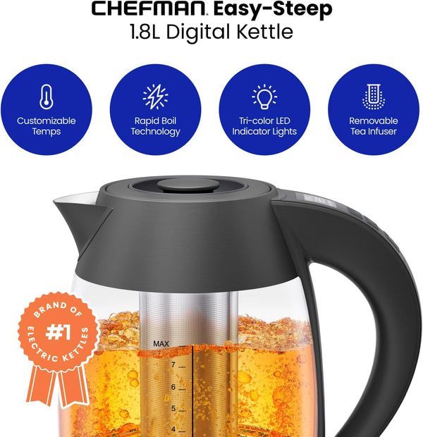 Chefman Digital Electric Kettle with Rapid 3 Minute Boil Technology, Custom Steep Timer and Temperature Presets, Bonus Tea Infuser, Rust and Discoloration Proof, 1.8 Liter, Matte Black, 1500W