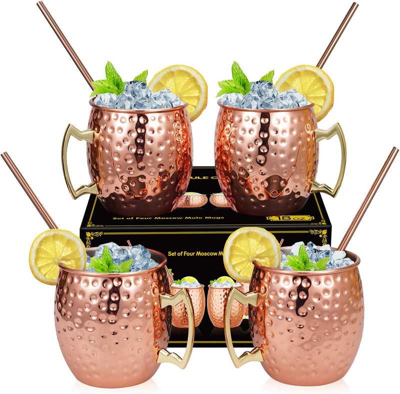 Hossejoy Moscow Mule Copper Mugs - Set of 4-100% Handcrafted Solid Copper Mugs, 16 oz Copper Cups with 4 Cocktail Copper Straws