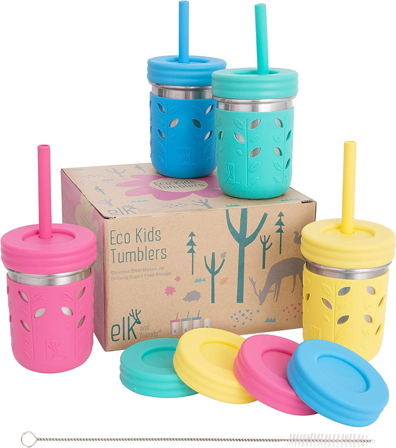 Elk and Friends Stainless Steel Cups | Mason Jar 10oz | Kids & Toddler Cups with Silicone Sleeves & Straws with Stopper | Spill proof Smoothie Cups