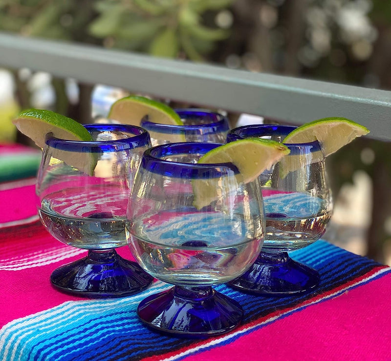 Mexican Hand Blown Glass – Set of 4 Hand Blown Cognac Snifter Glasses - Cobalt Blue Rim