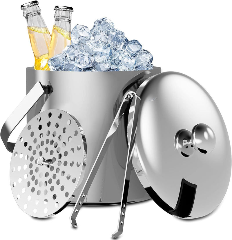 Sunmeyke Double Wall Stainless Steel Insulated Ice Bucket(1.7 Quarts), with Lid Strainer and Tongs, Great for Cocktail Bar and Parties