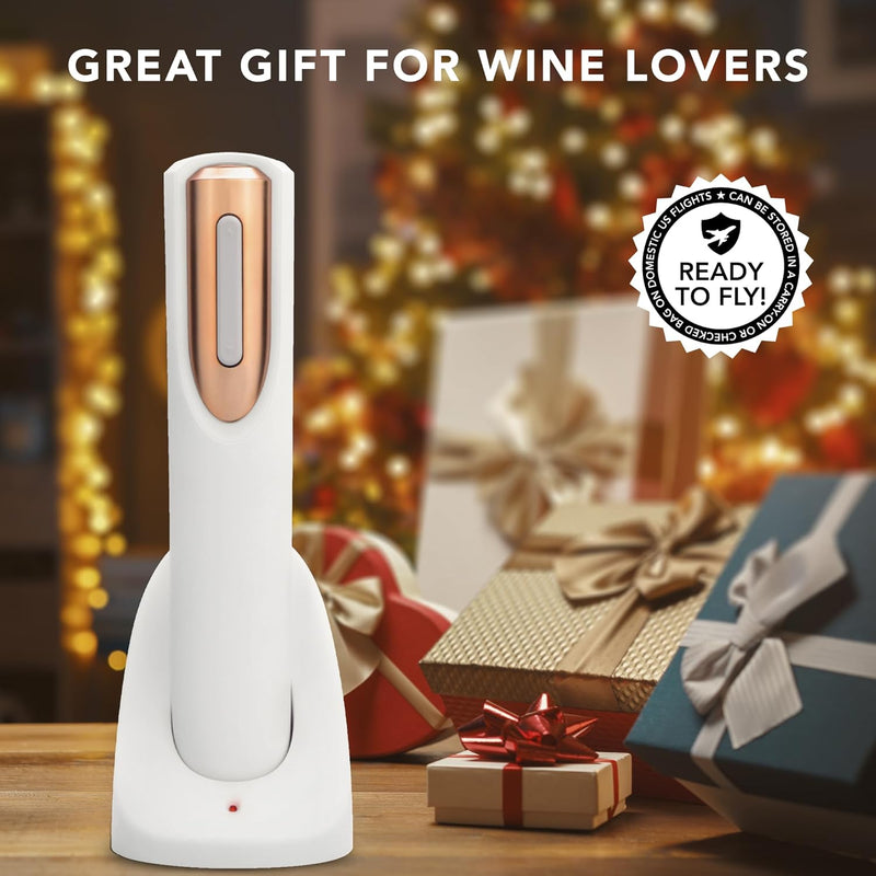 Vin Fresco Electric Wine Opener Rechargeable with Charging Base & Foil Cutter - Automatic Wine Bottle Opener - Electric Corkscrew Wine Opener - Wine Gift for Wine Lovers (White & Rose Gold)