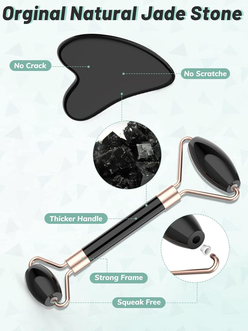 Deciniee Jade Roller and Gua Sha Set - Anti Aging Face Roller Massager & Gua Sha Facial Tools for Eye, Neck - Natural Guasha Facial Roller Skin Care Tools Body Muscle Relaxing Relieve Wrinkles-Black