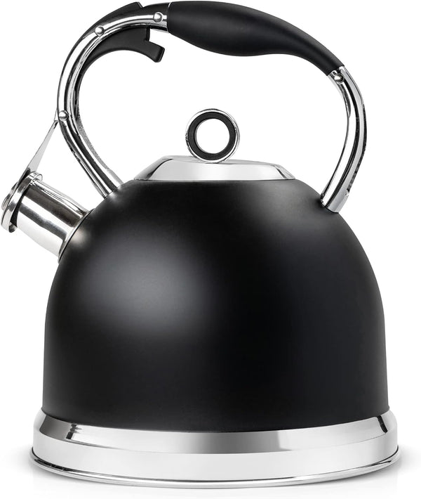 Tea Kettle - HIHUOS 3.17QT Whistling Tea Pots for Stove Top - Sleek 18/8 Stainless Steel Stovetop Kettle, Easy-grip Handle With Trigger Opening Mechanism, 1 Free Silicone Pinch Mitt Included (Black)
