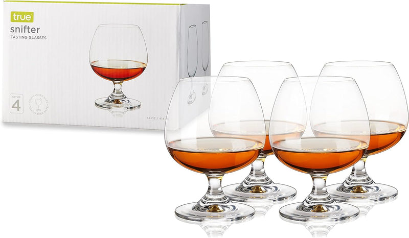 True Snifter Glasses Brandy Bowls, Cognac Balloon Glass for Bourbon, Whiskey, Whisky, Scotch, Stemmed cocktail glass set, 14 Ounce, Crystal, Set Of 4