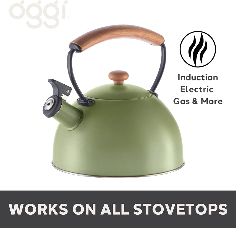 OGGI Tea Kettle for Stove Top - 85oz / 2.5lt, Stainless Steel Kettle with Loud Whistle & Stay-Cool Wood Handle, Ideal Hot Water Kettle and Water Boiler - Green