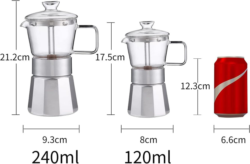 SIXAQUAE Moka Stovetop Espresso Maker,Crystal Glass-top & Aluminum Espresso Moka Pot,Classic Italian coffee maker,120ml(3cup)