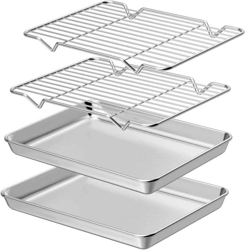 Wildone Baking Sheet & Rack Set [2 Sheets + 2 Racks], Stainless Steel Cookie Pan with Cooling Rack, Size 16 x 12 x 1 Inch, Non Toxic & Heavy Duty & Easy Clean