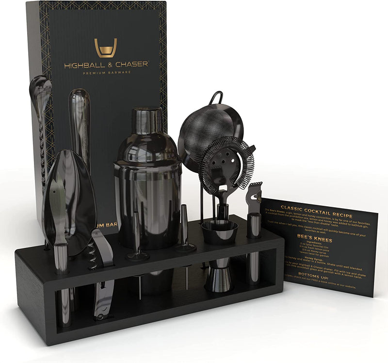 Highball & Chaser 13-Piece Cobbler Cocktail Shaker Set: Black Polished Stainless Steel Bartender Kit for Home Bar Set | Laser Engraved Tools Plus E-Book with 30 Recipes