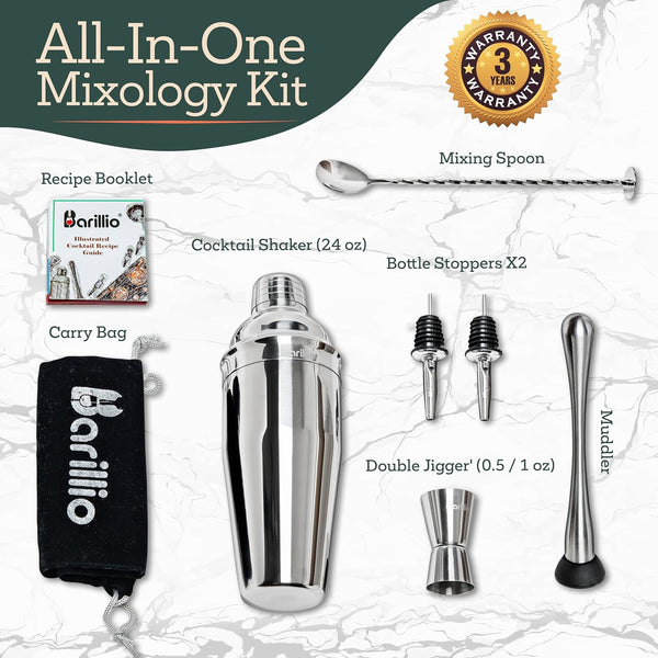 barillio Elite Cocktail Shaker Set Bartender Kit 24 oz Stainless Steel Martini Mixer, Muddler, Mixing Spoon, Jigger, 2 Liquor pourers, Velvet Bag, Recipes Booklet & eBook