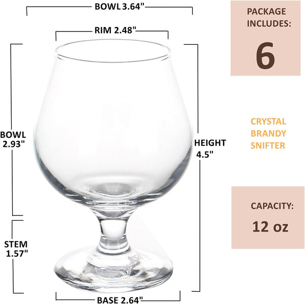 ZOOFOX 6 Pack 12 oz Snifter Whiskey Glasses, Brandy Glasses for Spirits, Clear Cognac Stemmed Glasses, Short Beer Tasting Glasses Drinking Cups, Great for Spirits Drinks
