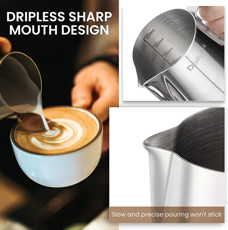 Milk Frothing Pitcher, Dailyart 12oz/350ML Milk Frother Cup 304 Stainless Steel Espresso Milk Steaming Pitcher with Art Pen, Espresso Machine Accessories Milk Pitcher for Cappuccino, Latte Art