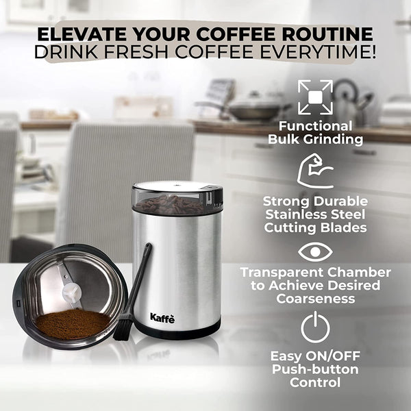Kaffe Coffee Grinder Electric - Spice Grinder w/Cleaning Brush, Easy On/Off - Perfect for Espresso, Herbs, Spices, Nuts, Grain - 3.5oz / 14 Cup