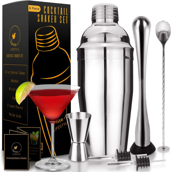 Ignite Lifestyle Cocktail Shaker Set - 24oz Martini Shaker with Built-in Strainer, Recipe Book, Muddler, Mixing Spoon, Measuring Jigger, 2 Liquor Pourers - Drink Shaker, Bartender Kit for Home Bars