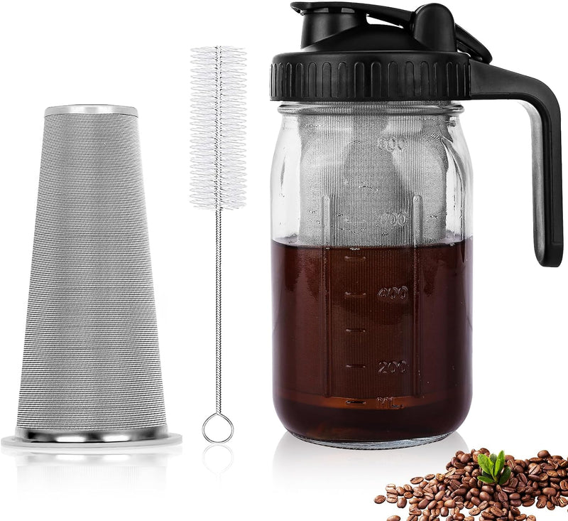 QHH Cold Brew Coffee Maker, 64 oz Wide Mouth Mason Jar Pitcher with Stainless Steel Filter, Pour Spout Handle Lid, Heavy Duty Glass Airtight & Leak-Proof Pitcher for Iced Brew Coffee & Tea Lemonade