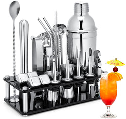 Cocktail Shaker Set, 23-Piece Stainless Steel Bartender Kit with Acrylic Stand & Cocktail Recipes Booklet, Professional Bar Tools for Drink Mixing, Home, Bar, Party (Include 4 Whiskey Stones)