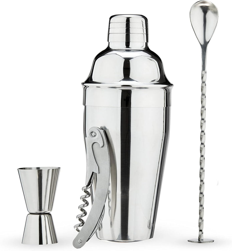 True Bar Drink Mixer Set, 19oz 4-piece Cocktail Shaker Set Bartender Kit, Bar Cocktail Sets, Cocktail Shaker Kit, Barware Tool Sets, Bar Accessories for the Home Bar Set (Stainless Steel)