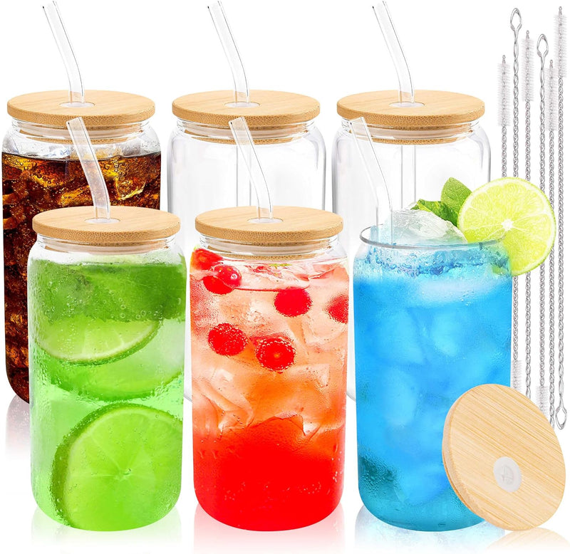 Joyclub Glass Cups with Bamboo Lids and Straws 8 Set 16 oz Reusable Iced Coffee Cup Beer Can Drinking Glasses for Smoothie Whiskey Boba Soda Tea Gift