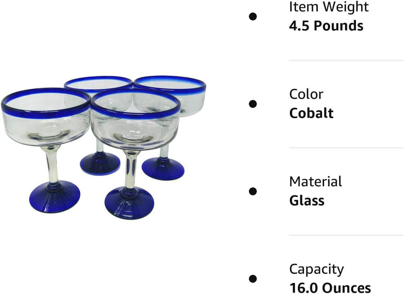 Dos Sueños Mexican Hand Blown Glass - Set of 4 Hand Blown Margarita Glasses - Cobalt Blue Rim (16 oz)