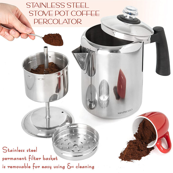 Mixpresso Stainless Steel Stovetop Coffee Percolator, Percolator Coffee Pot, Excellent For Camping Coffee Pot, 5-8 Cup Coffee Maker, Stainless Steel Coffee Percolator