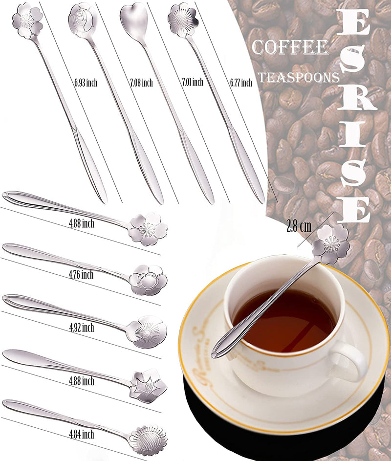 9 Pcs Flower Spoon Coffee Teaspoon Set, ESRISE Stainless Steel Tea Spoon essert Spoon, Cute Demitasse Scoop for Stirring Drink Mixing Milkshake Jam (Silver)