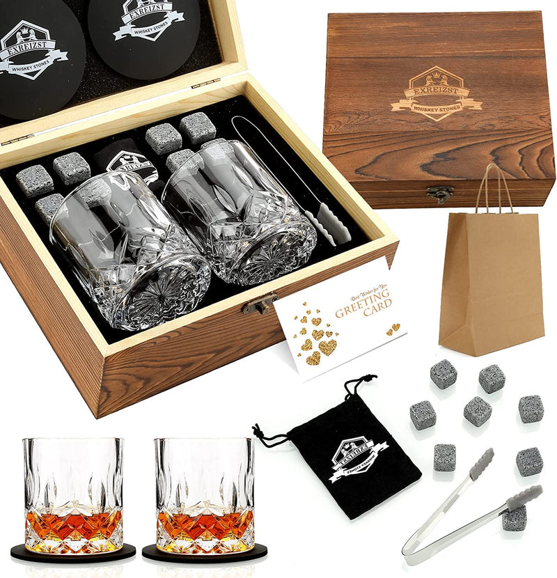 Whiskey Stones Gift Set - Whiskey Glass Set of 2 - Granite Chilling Whiskey Rocks - Scotch Bourbon Box Set - Best Drinking Gifts for Men Dad Husband Birthday Party Holiday Present